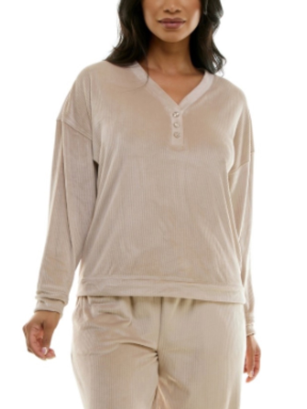 Roudelain Women's Long-Sleeve Ribbed Velour Pajama Top / Color: Goat